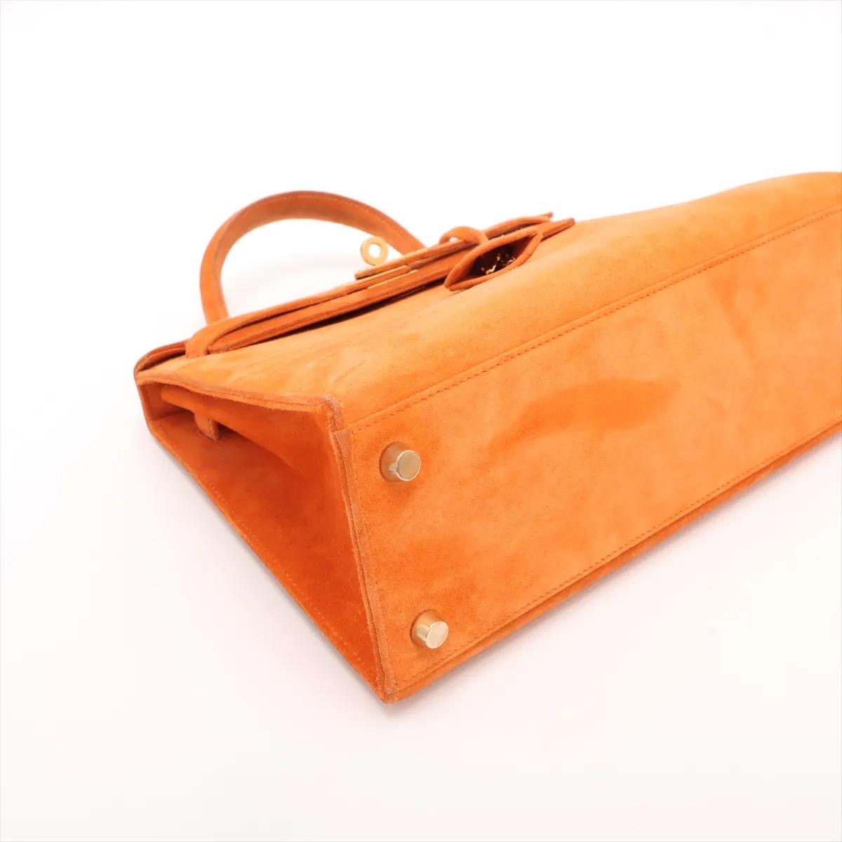 Hermes Kelly 25 Orange Doblis Suede Leather Gold Hardware