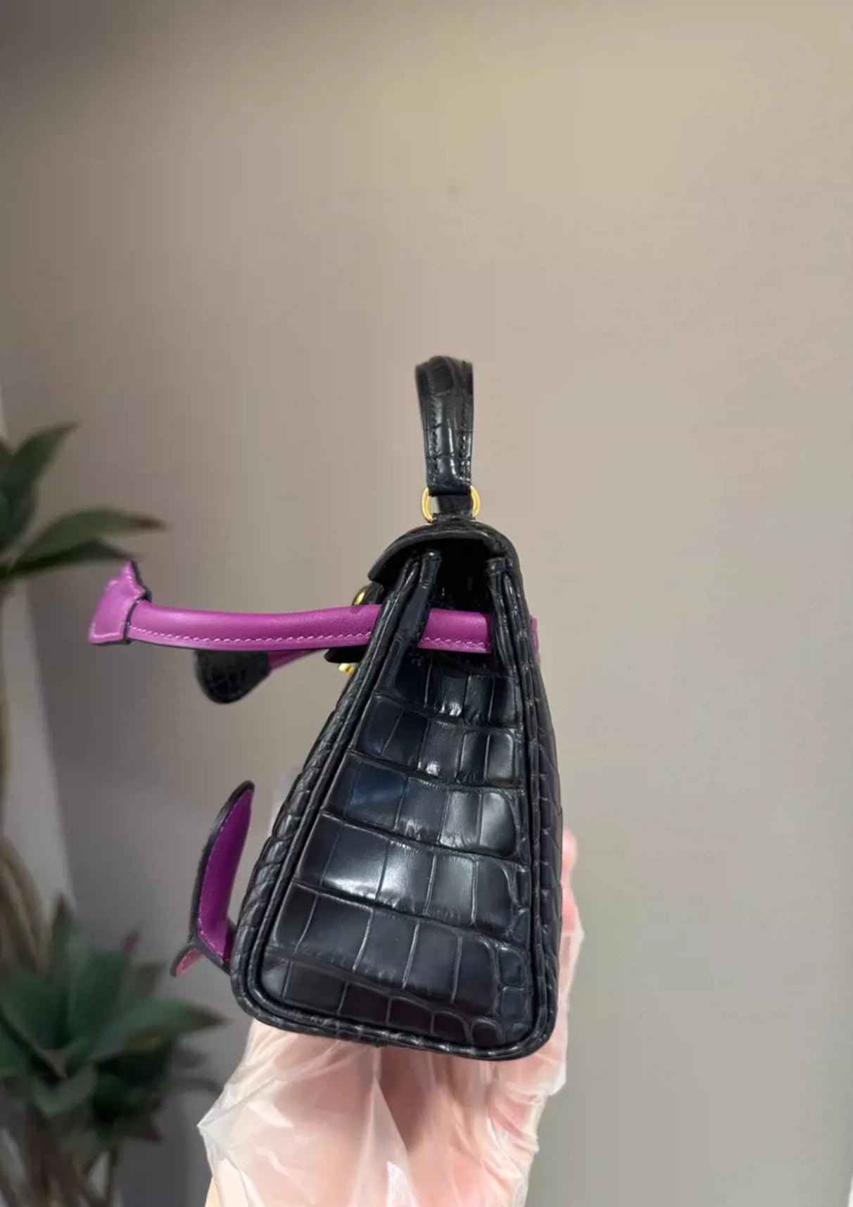 Hermes Kelly Doll Black  Anemone Purple Alligator Crocodile Gold Hardware
