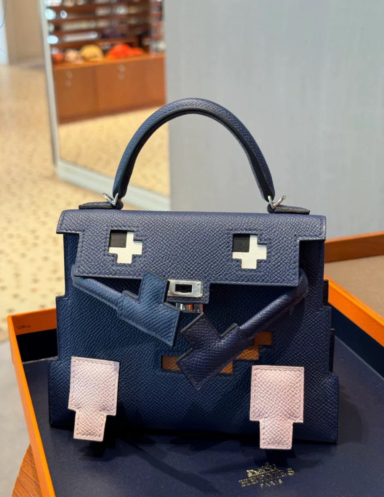Limited Edition Hermès Kelly Doll Picto in Bleu Saphir, Mauve Pâle, Gold Epsom Leather  Black Matte Alligator with Palladium Hardware