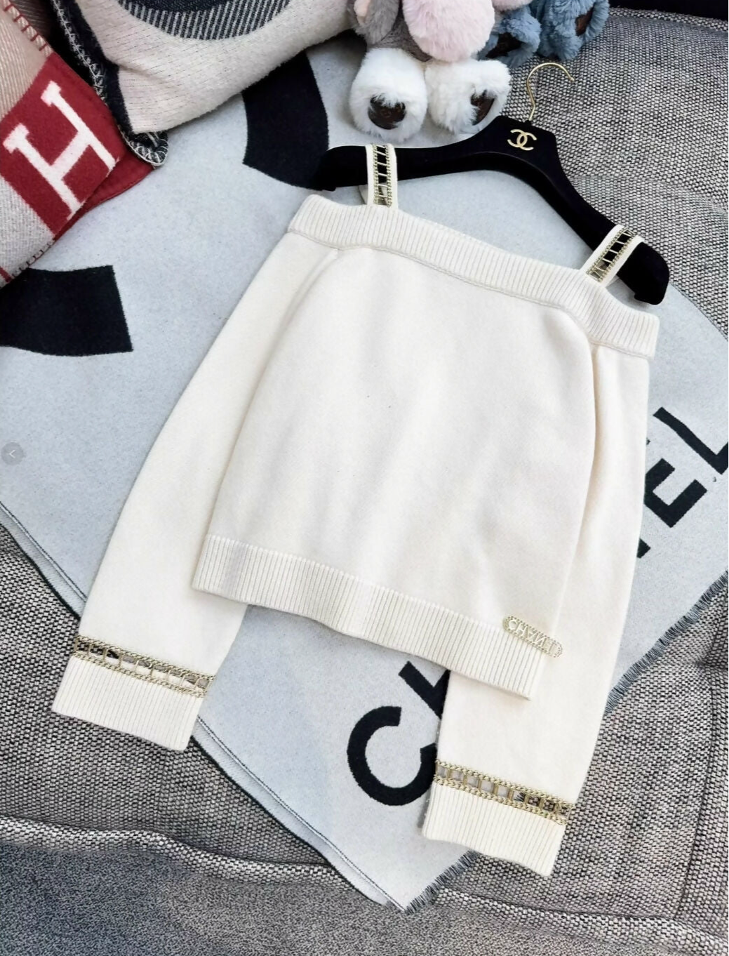 Chanel off-the-shoulder ecru knitted top