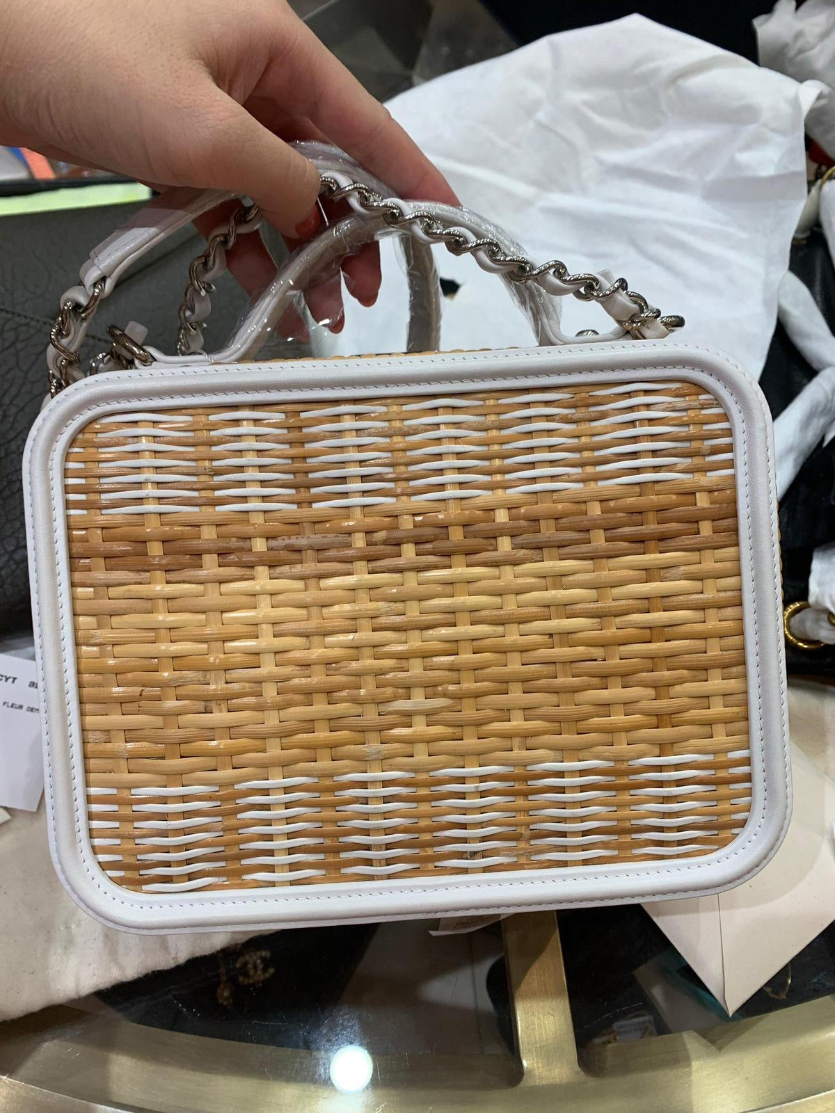Chanel Vanity Case Beige  White, Rattan, Patent Calfskin  Silver-Tone Metal