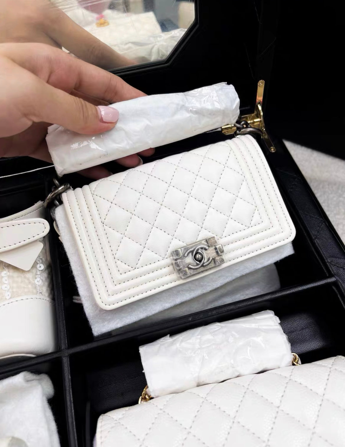 Limited Edition Chanel Set Of 4 white Mini Bags with Quilted Trunk