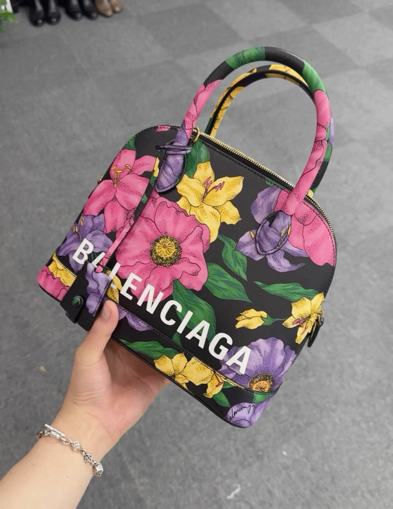 Balenciaga Black Ville Floral Top Handle Bag