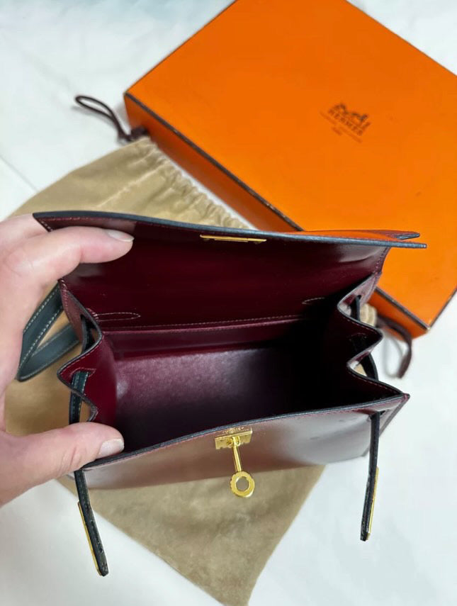 HERMES 80s KELLY 20 two Color’s Burgundy  Black Box Calf leather