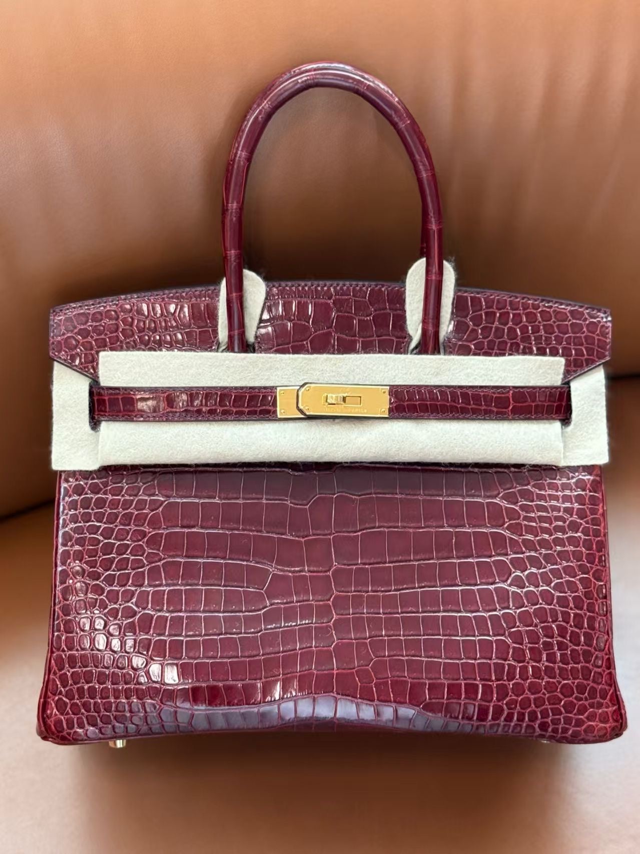 Hermes Birkin 30 burgundy shiny porosus gold hardware