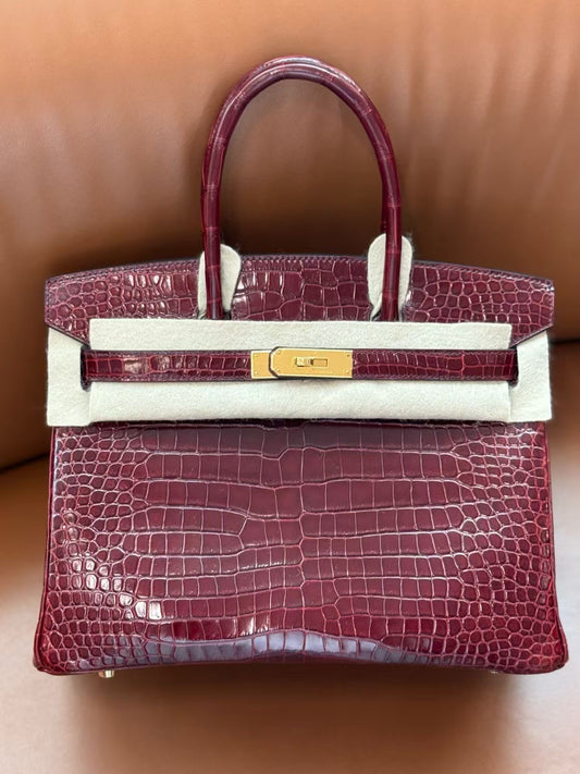 Hermes Birkin 30 burgundy shiny porosus gold hardware