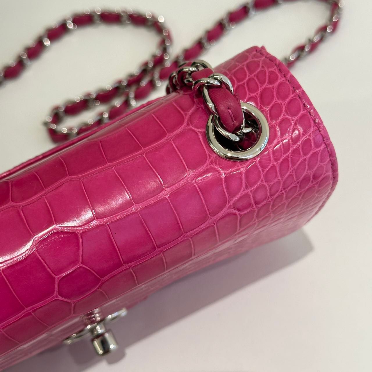 Chanel pink Alligator leather mini flap silver hardware