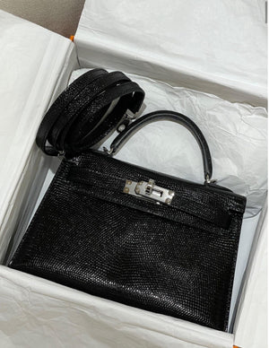 Hermes Mini Kelly 20 Black Lizard Palladium Hardware