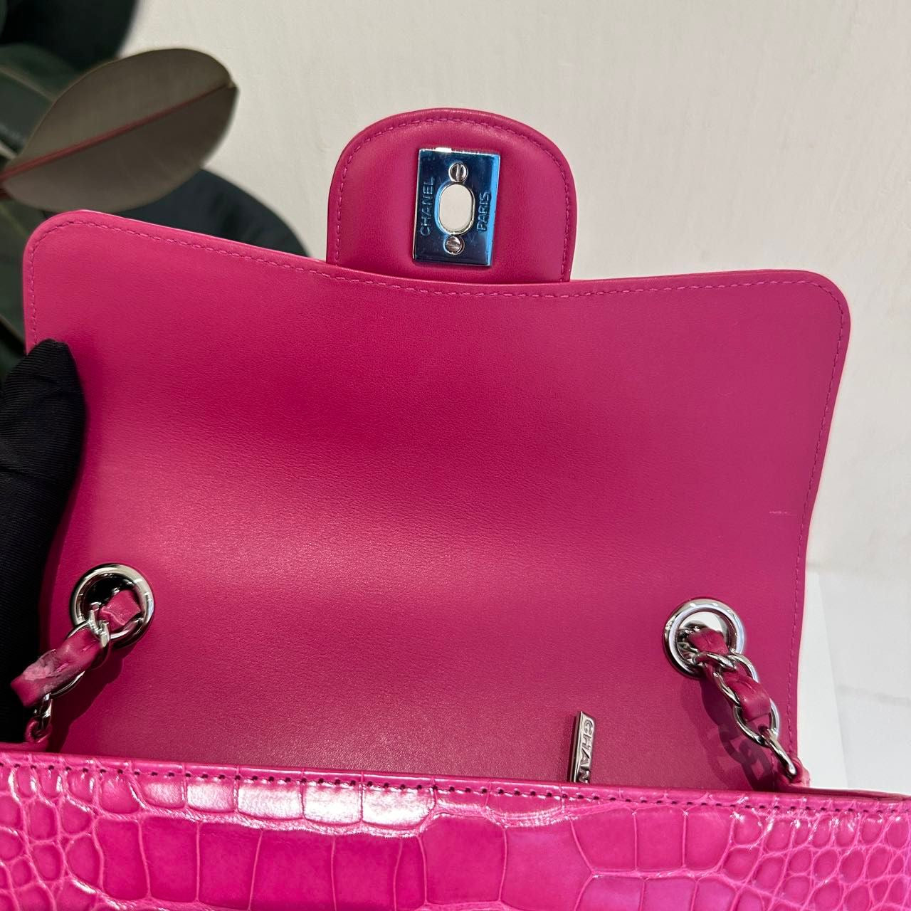 Chanel pink Alligator leather mini flap silver hardware