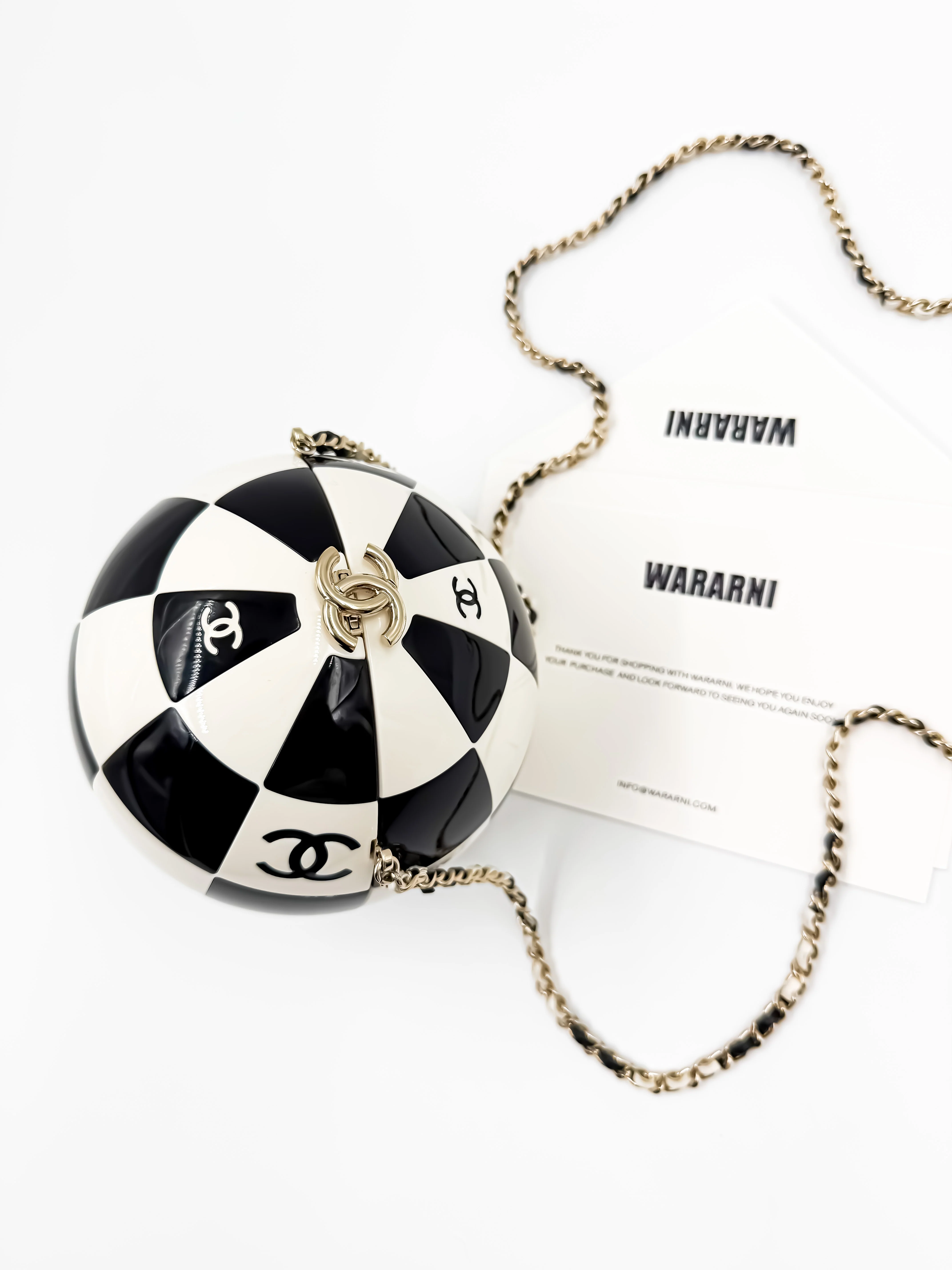 Chanel 23C Black & White Resin & Enamel Checker Sphere Minaudiere with Light Gold Hardware