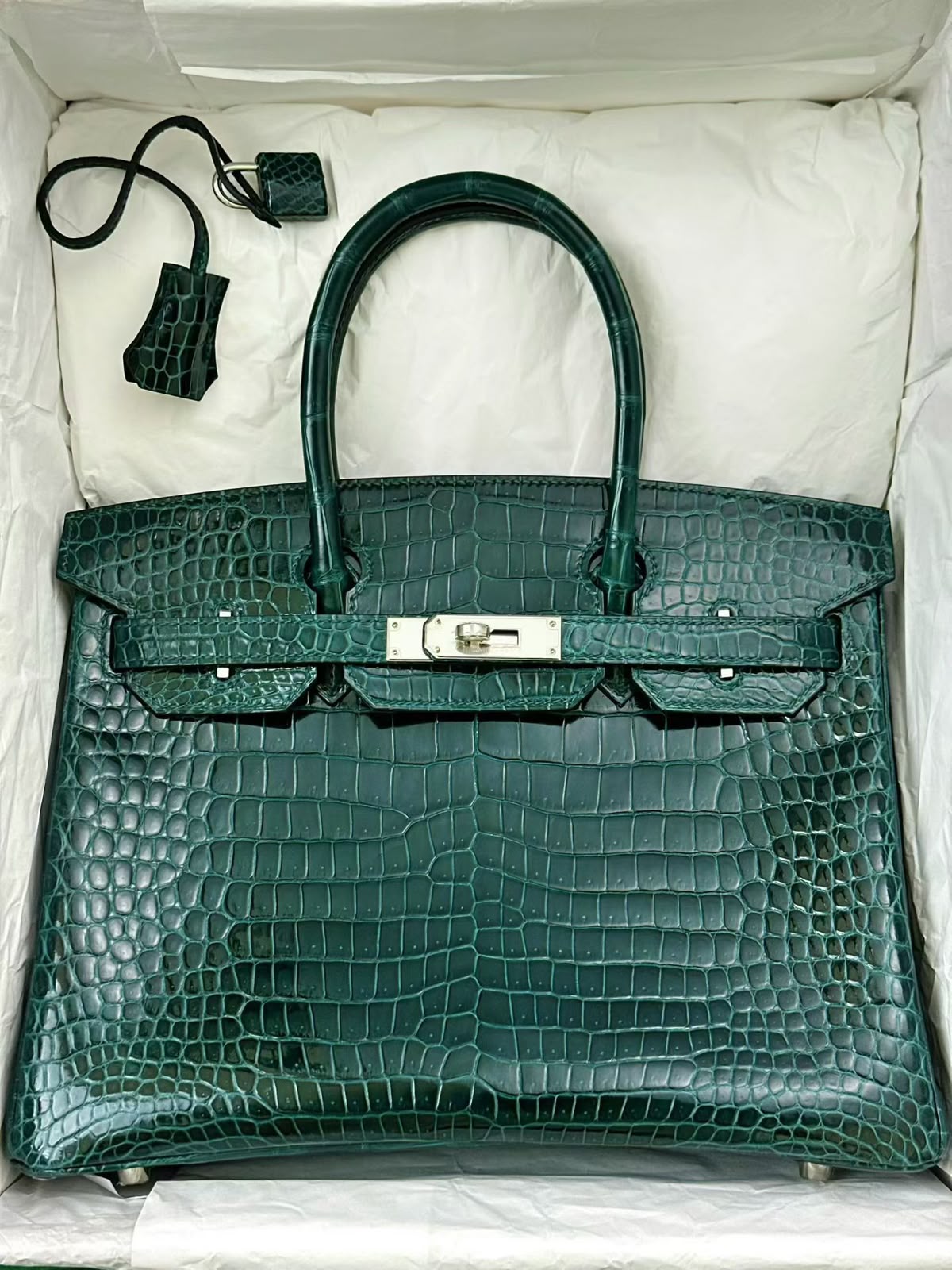 Hermès Birkin 30 Vert Cypres Shiny Porosus Palladium hardware