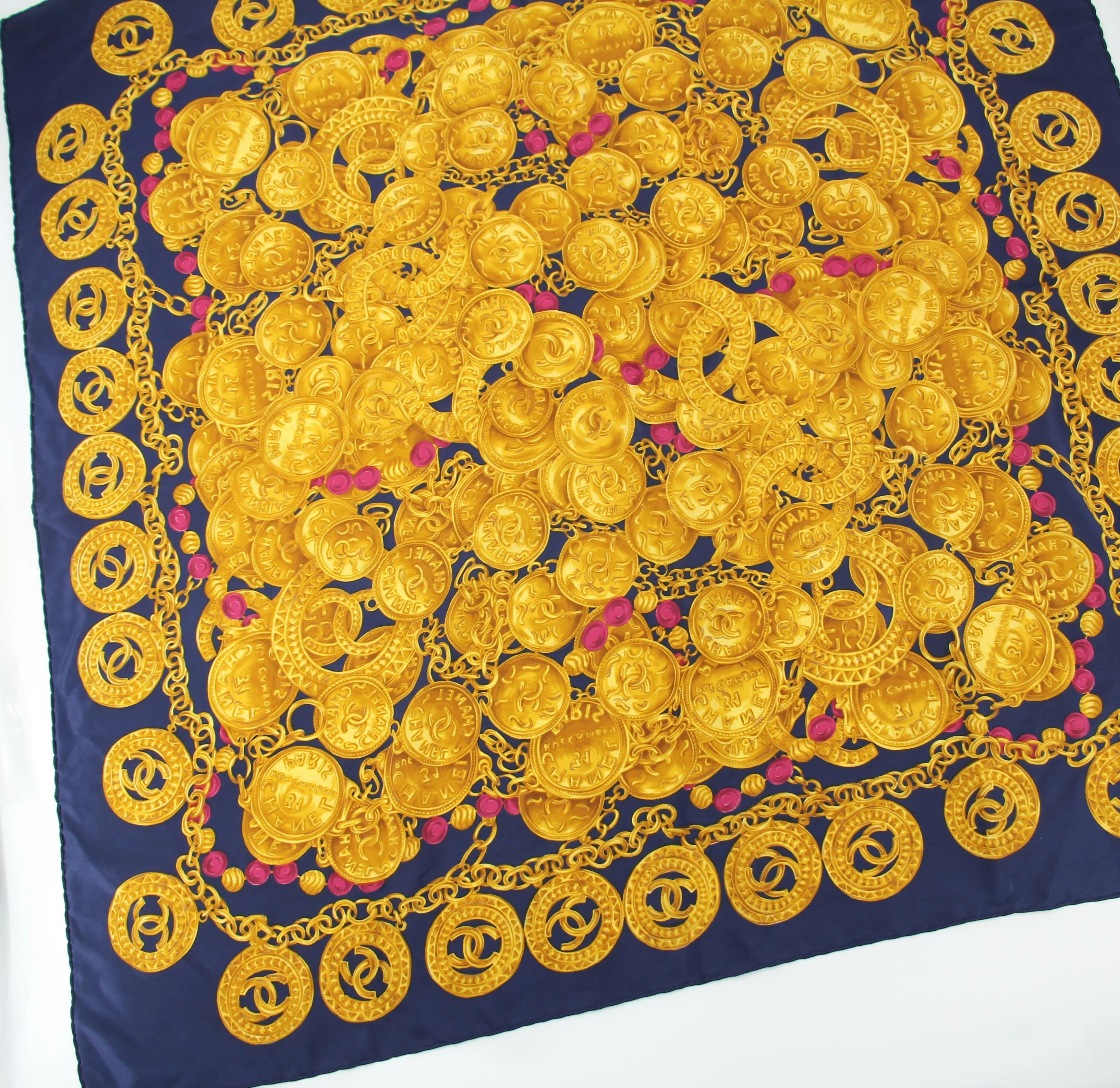 Chanel 100% Silk Navy Blue Chain and Gold Coin Pattern Scarf