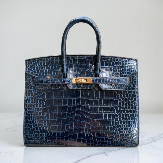 Hermes Birkin 25 Sellier Blue Baltique Shiny Porosus Gold hardware