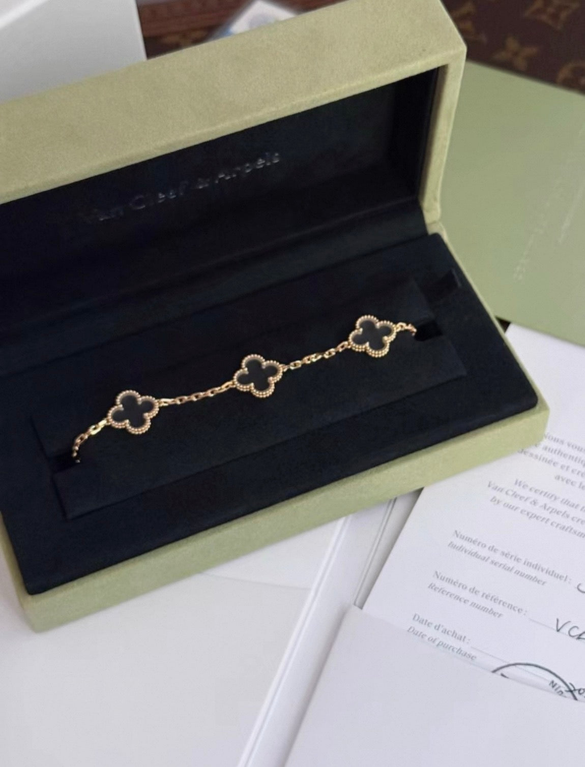 VAN CLEEF  ARPELS 18K Yellow Gold Rock Crystal 5 Motifs Vintage Alhambra Bracelet