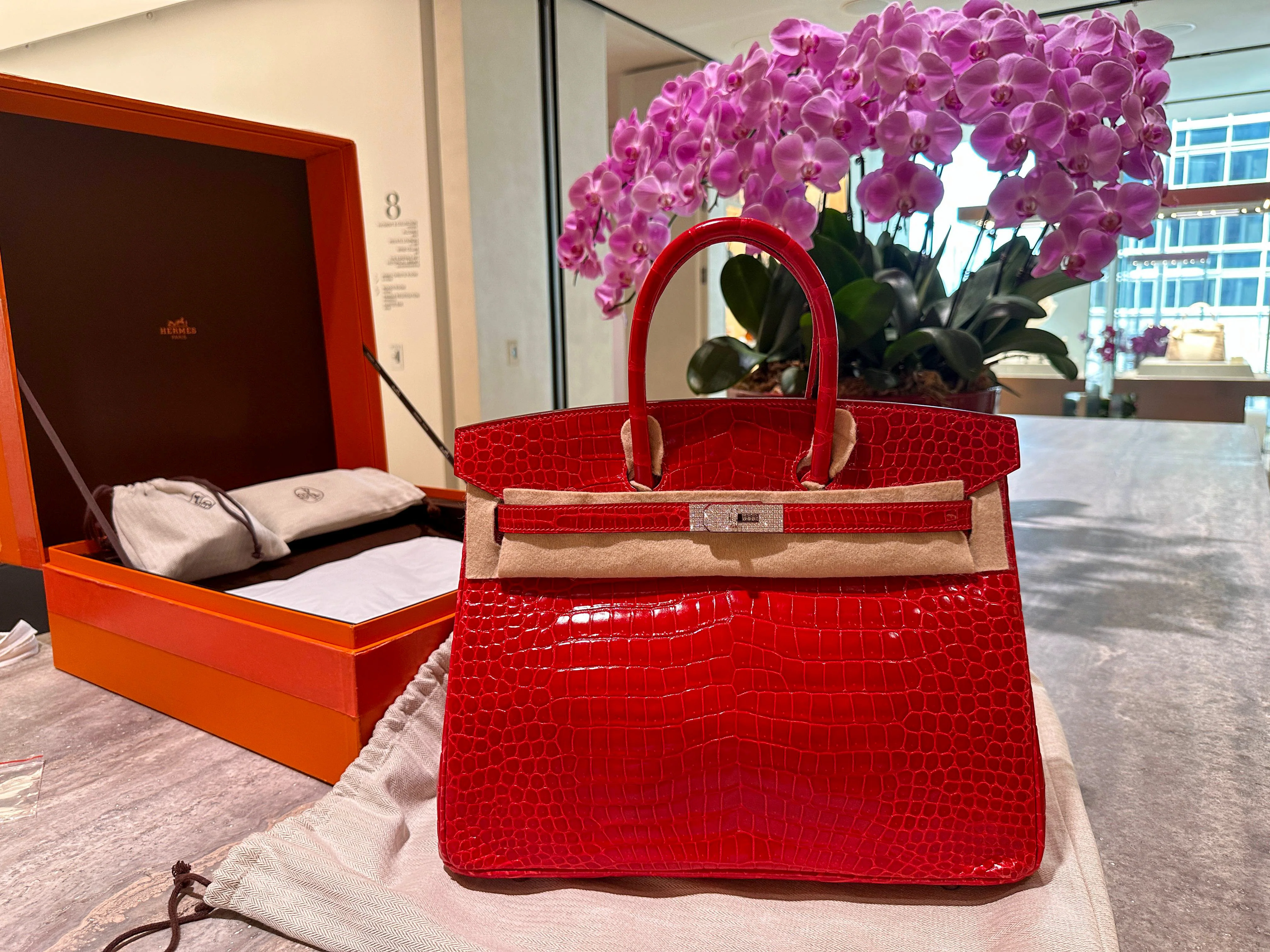 Hermès Birkin 35 Rouge Braise Shiny Porosus Crocodile – 18K White Gold & Diamond Hardware