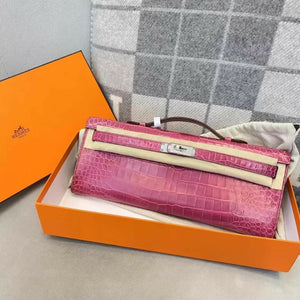 Hermes kelly cut 5J Fushia Shiny Crocodile Leather Palladium Hardware