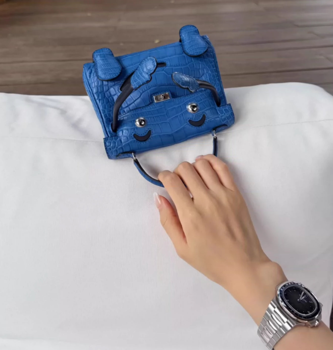 Hermes Kelly Doll Bleu Electric Matte Alligator Black Swift Leather Palladium Hardware