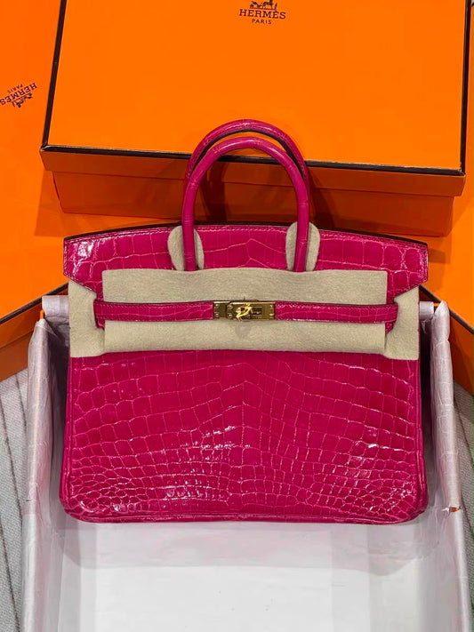 Hermes Birkin 25 I6 Rose Extreme shiny porosus crocodile leather gold hardware