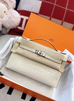 Hermes Kelly Pochette White Matte Crocodile Leather Palladium Hardware