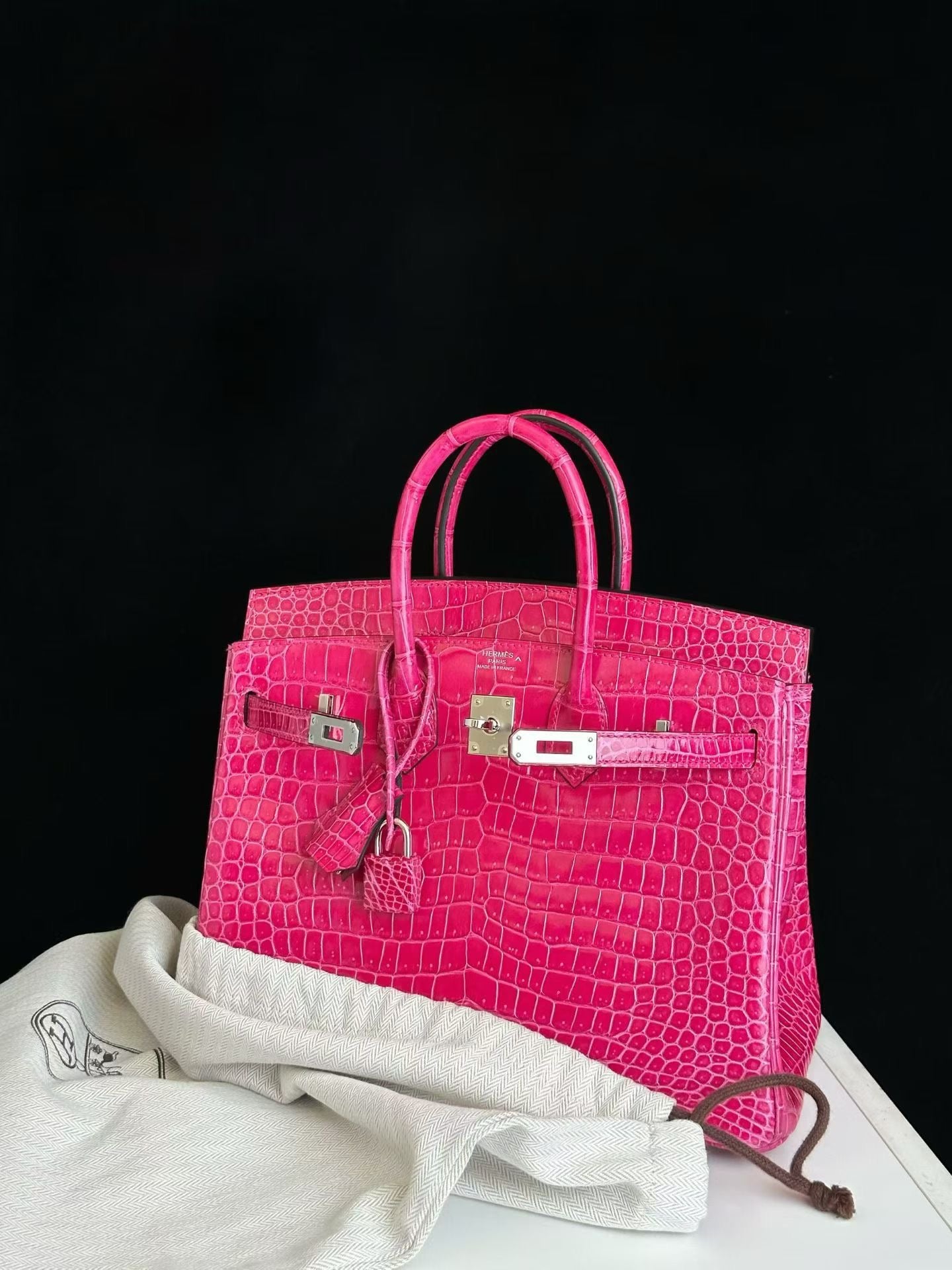 Hermes Birkin 25 Rose Mexico Shiny Porosus crocodile leather palladium hardware