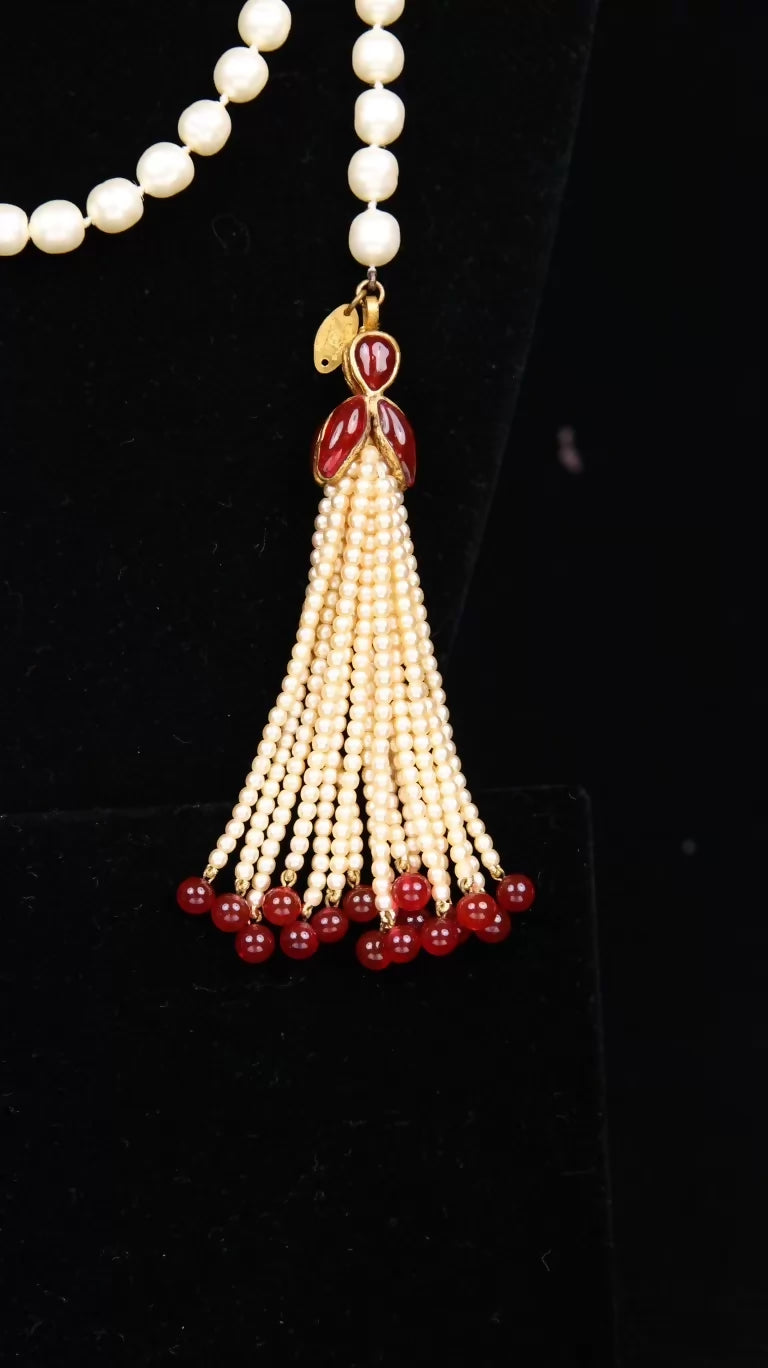 Chanel Red and White Pearl Glass Tassel Pendant Long Necklace Sweater Chain