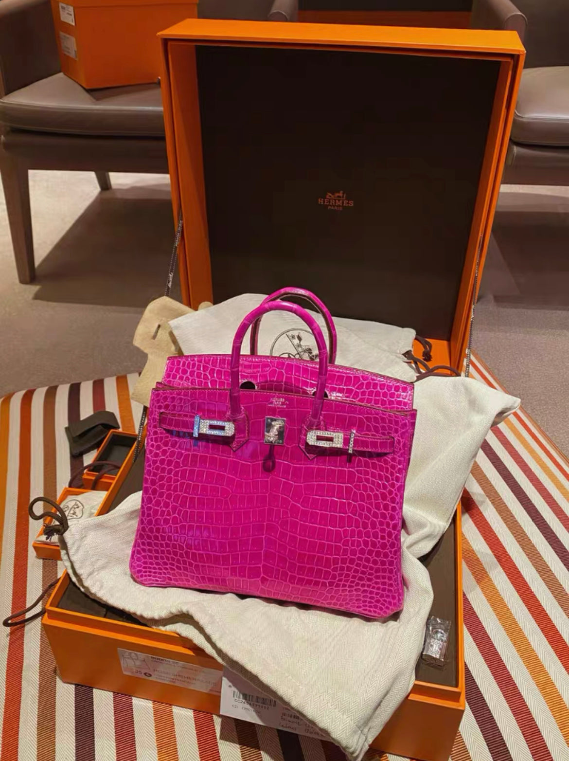 Hermes Birkin 25 rose scheherazade Crocodile Porosus white gold with diamonds bag