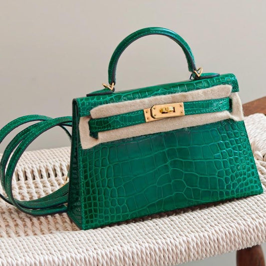 Hermes Mini Kelly 20 vert emerald shiny alligator gold hardware