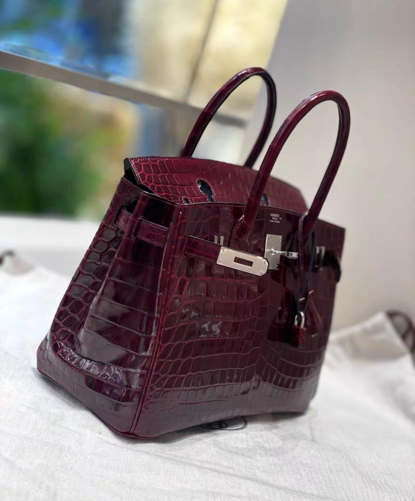 Hermes Birkin 30 Bordeaux Shiny Crocodile Leather Palladium Hardware