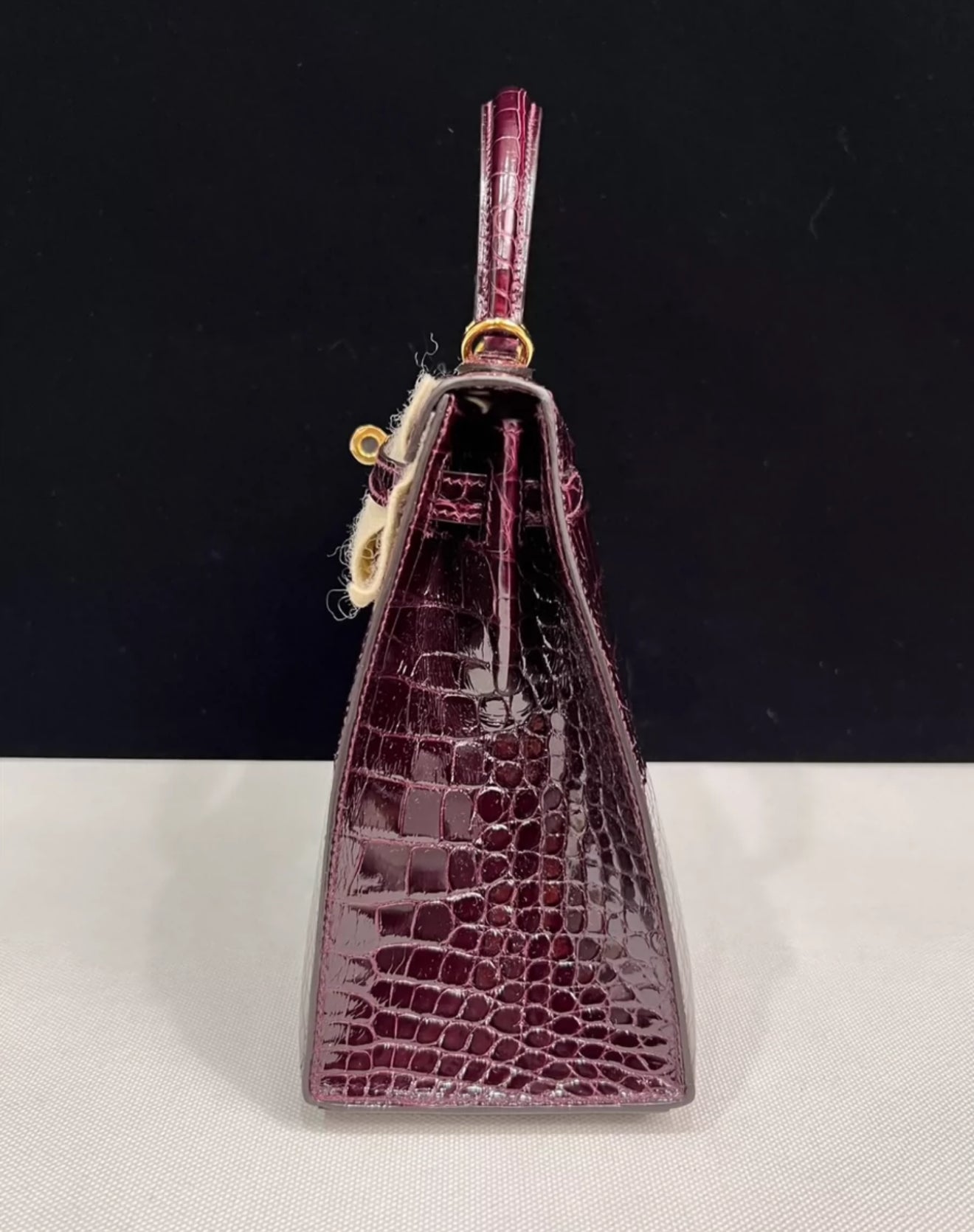 HERMES Kelly 25 Bordeaux Shiny Alligator Leather gold hardware