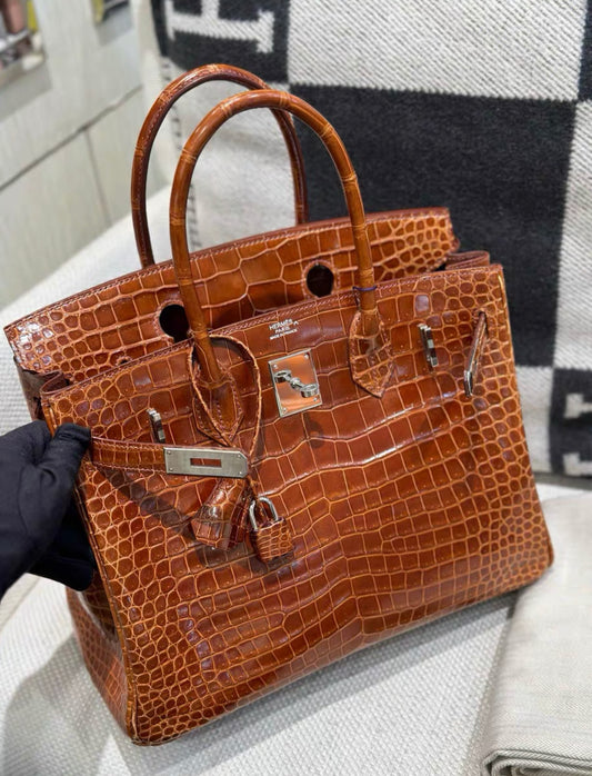 Hermès Birkin 30 shiny Crocodile Fauve Barenia Palladium Hardware
