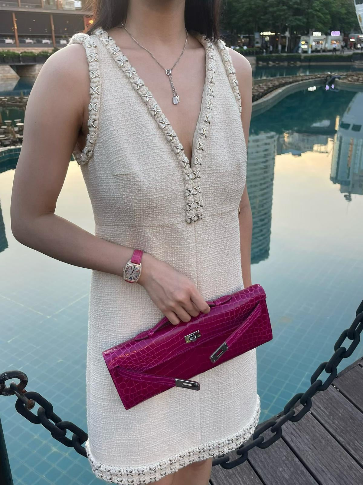 Hermès Kelly Cut Rose Scheherazade crocodile leather palladium hardware