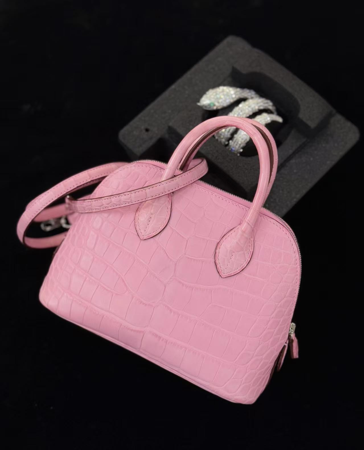 Super Rare, Hermès Mini Bolide 5P Bubblegum Alligator leather Palladium hardware