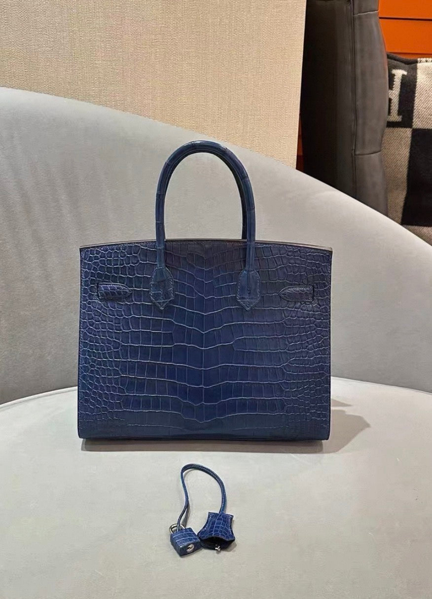 Hermes Birkin 30 Sellier Blue Indigo Matter Crocodile Leather Palladium Hardware
