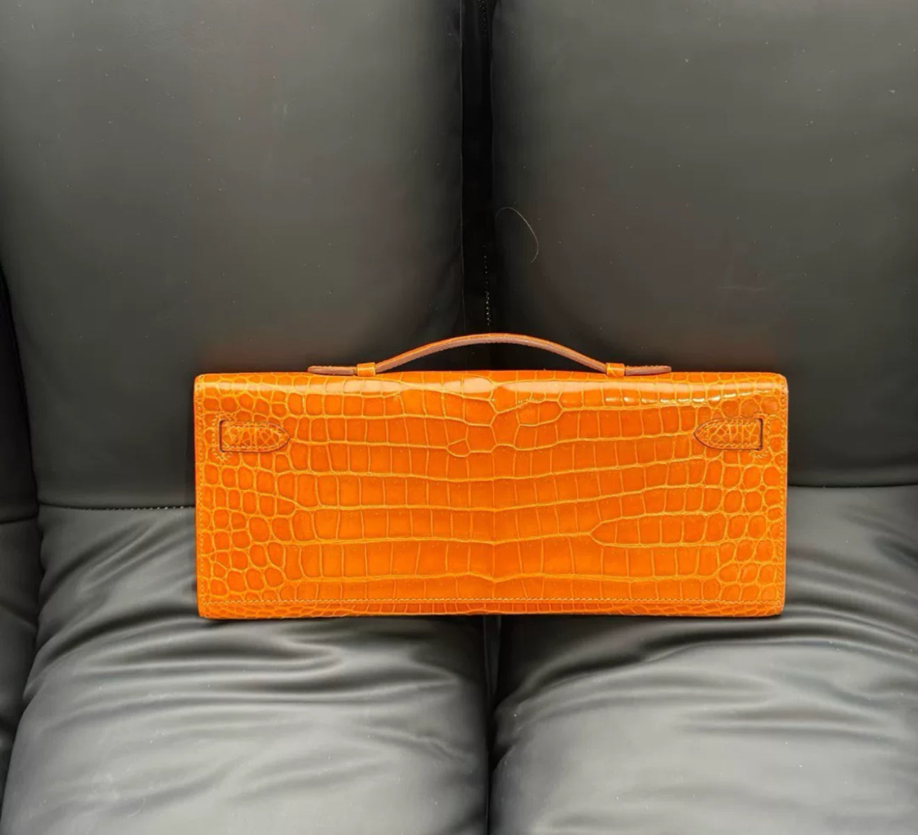 Hermes Kelly Cut Orange Crocodile Leather White Gold Diamond Hardware