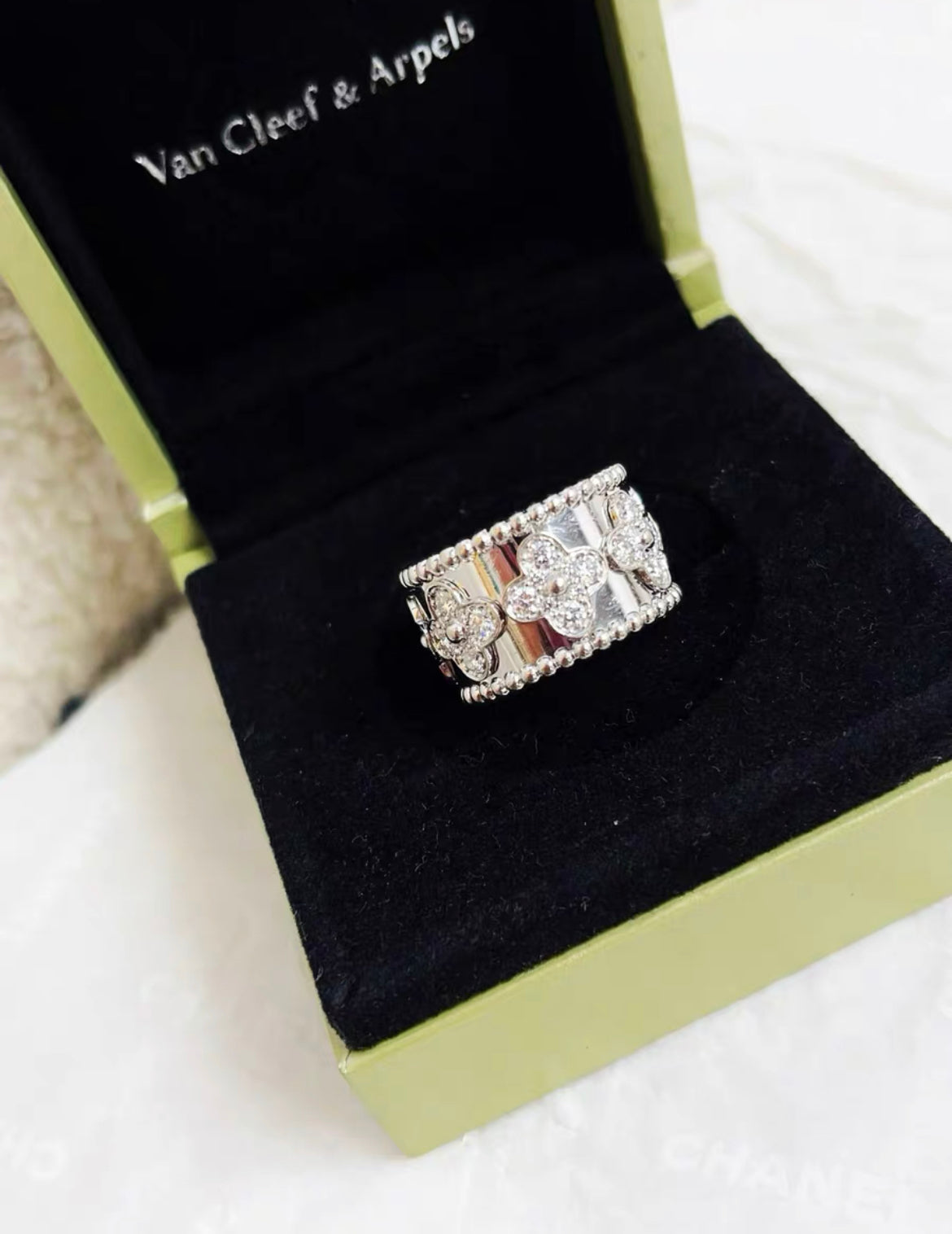 Van Cleef  Arpels Perlee Clovers Ring Model 18k White Gold Diamonds size 52
