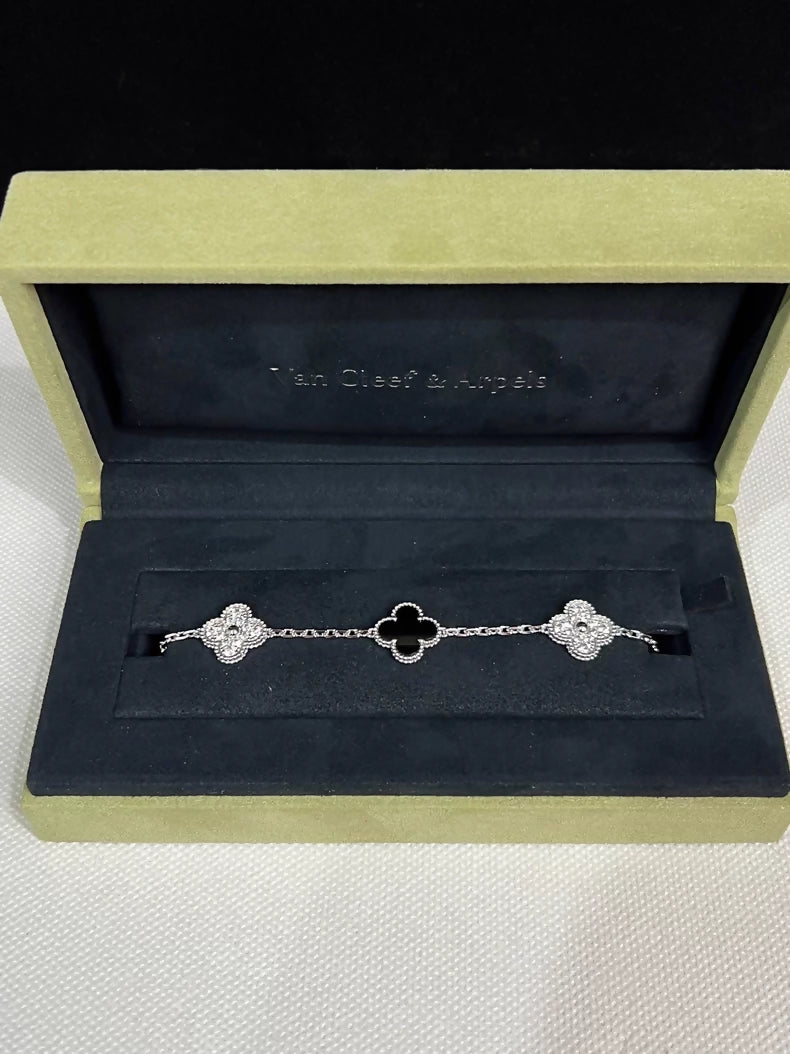 Van Cleef  Arpels Vintage Alhambra bracelet, 5 motifs 18K white gold, Diamond, Onyx