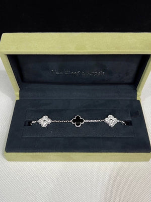 Van Cleef  Arpels Vintage Alhambra bracelet, 5 motifs 18K white gold, Diamond, Onyx