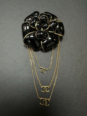 Chanel Vintage 02A Imitation Pearl Black Camellia Triple CC Brooch