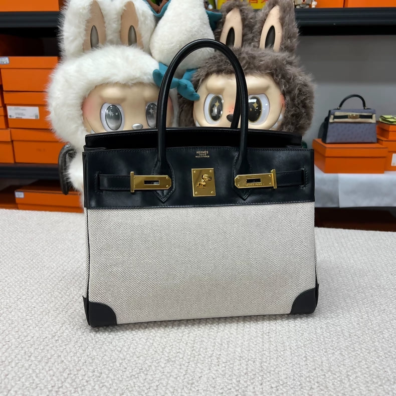 Hermes Birkin 30 Canvas  Black Box Leather with gold hardware