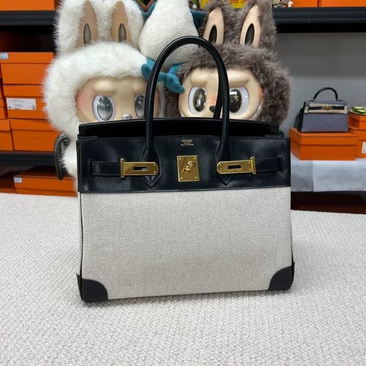 Hermes Birkin 30 Canvas  Black Box Leather with gold hardware