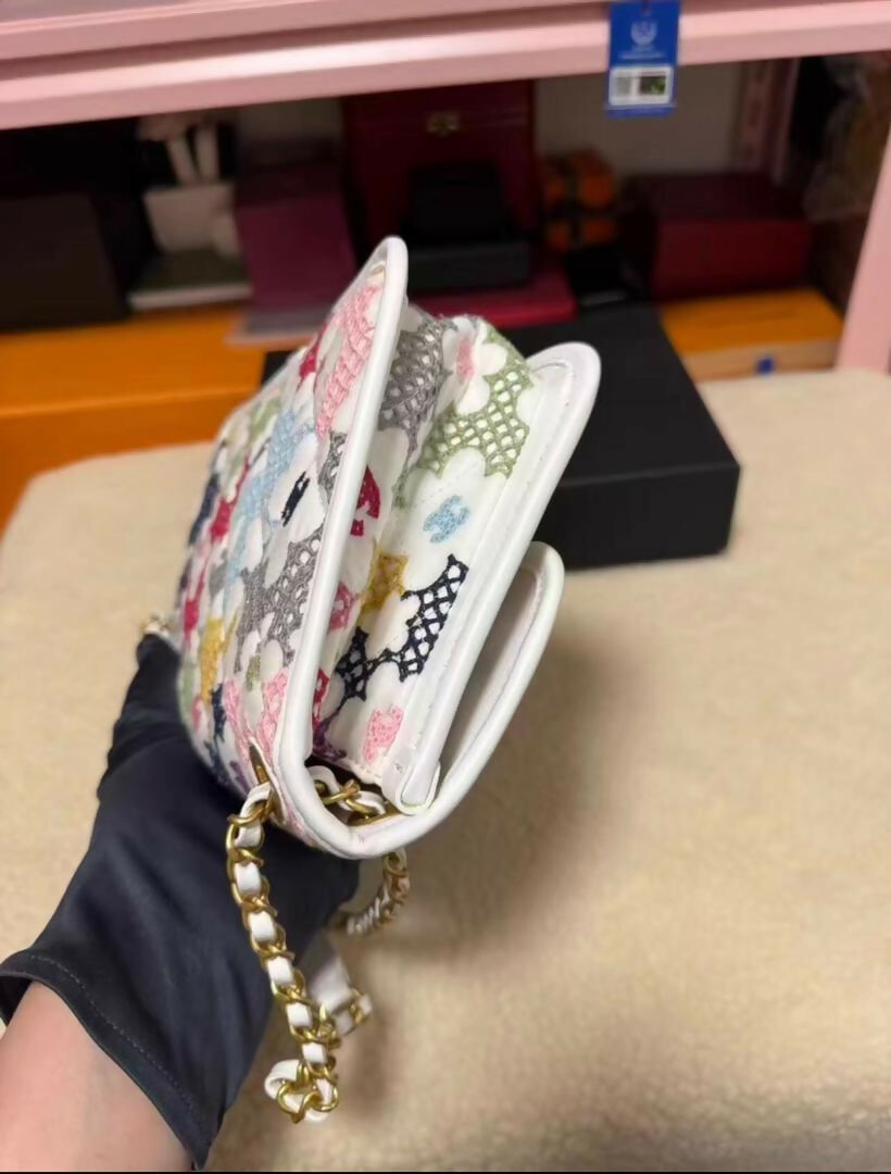 Chanel Spring 2024 White  Multicolor Floral Embroidered Classic Flap Bag with Aged Gold Hardware