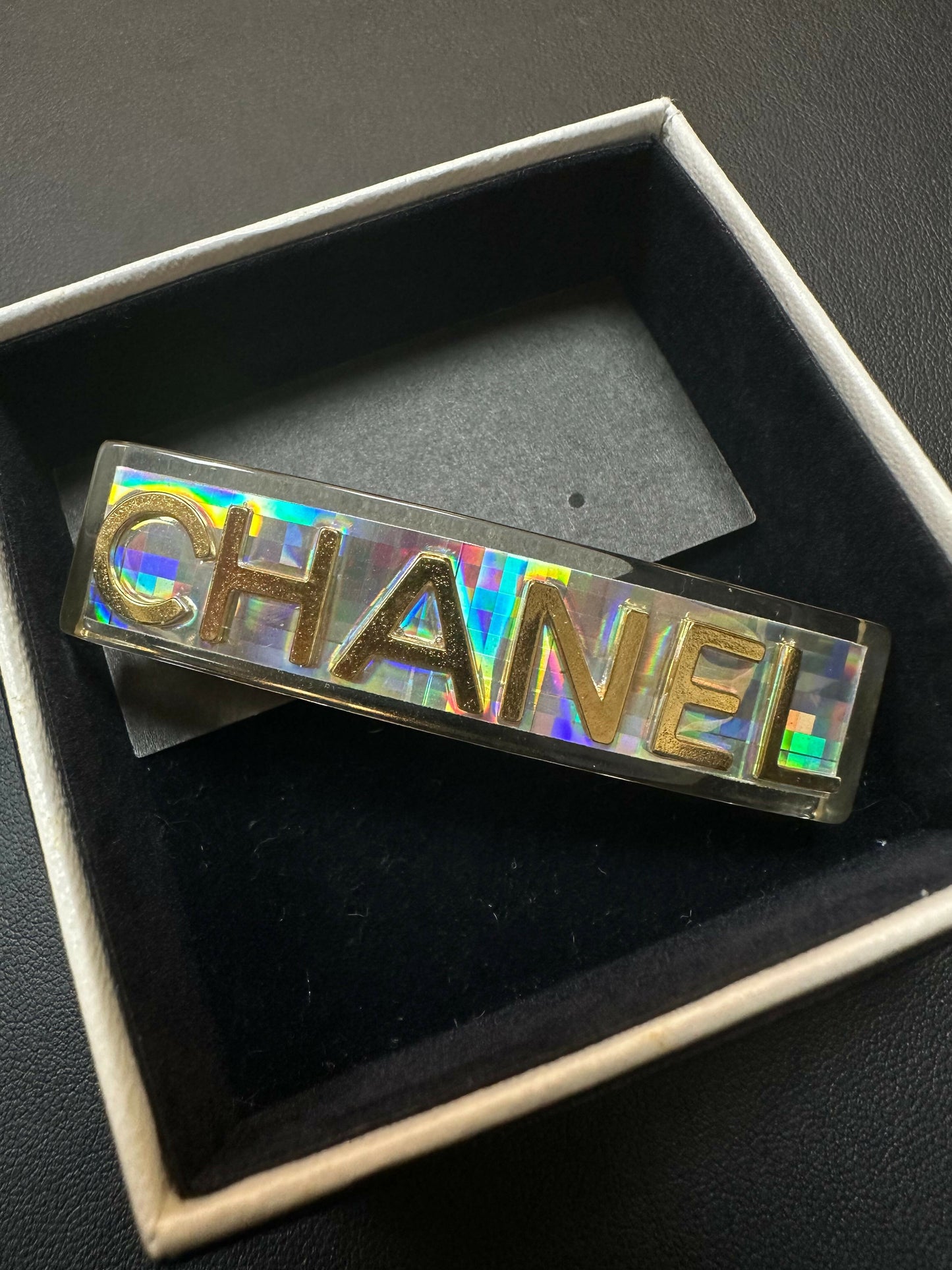 Chanel Vintage 97P Iridescent Sliver Resin Golden-Tone Letter Motif Hair Clip