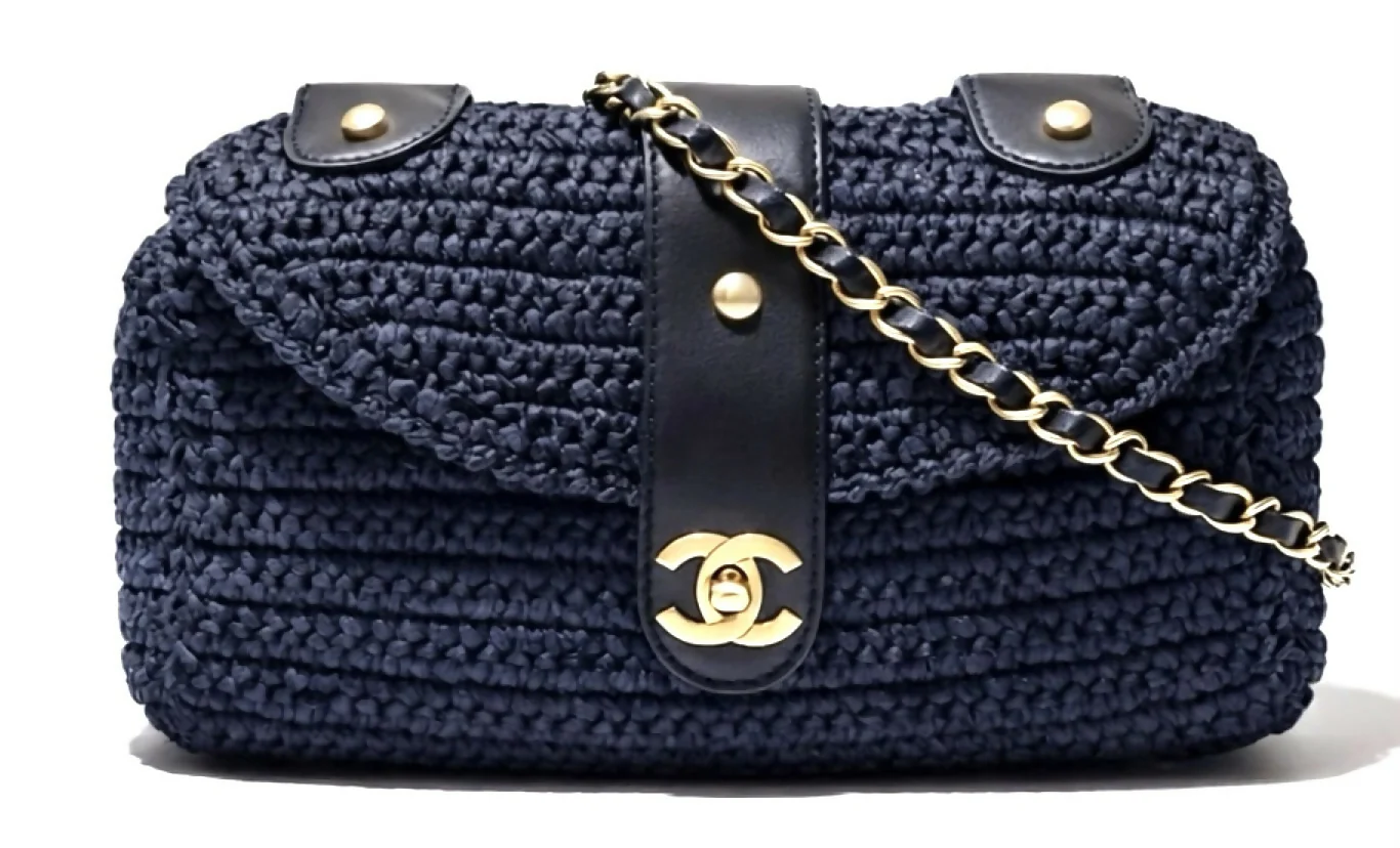 Chanel Medium Classic Dark Navy Straw Raffia Shoulder Bag GHW