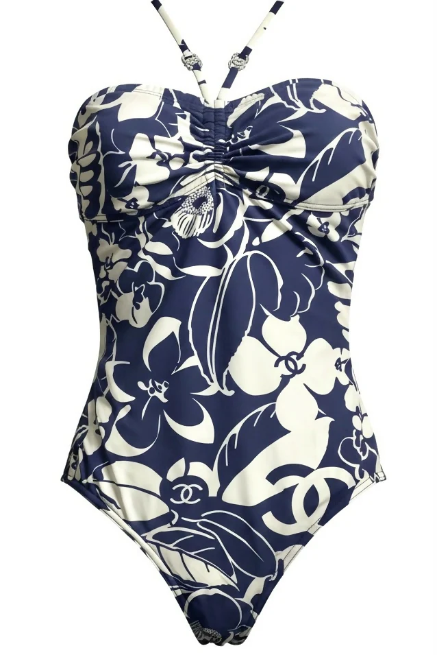 Chanel 2021 Coco Beach Dark Navy White One-Piece Cut Out Swimsuit FR 40