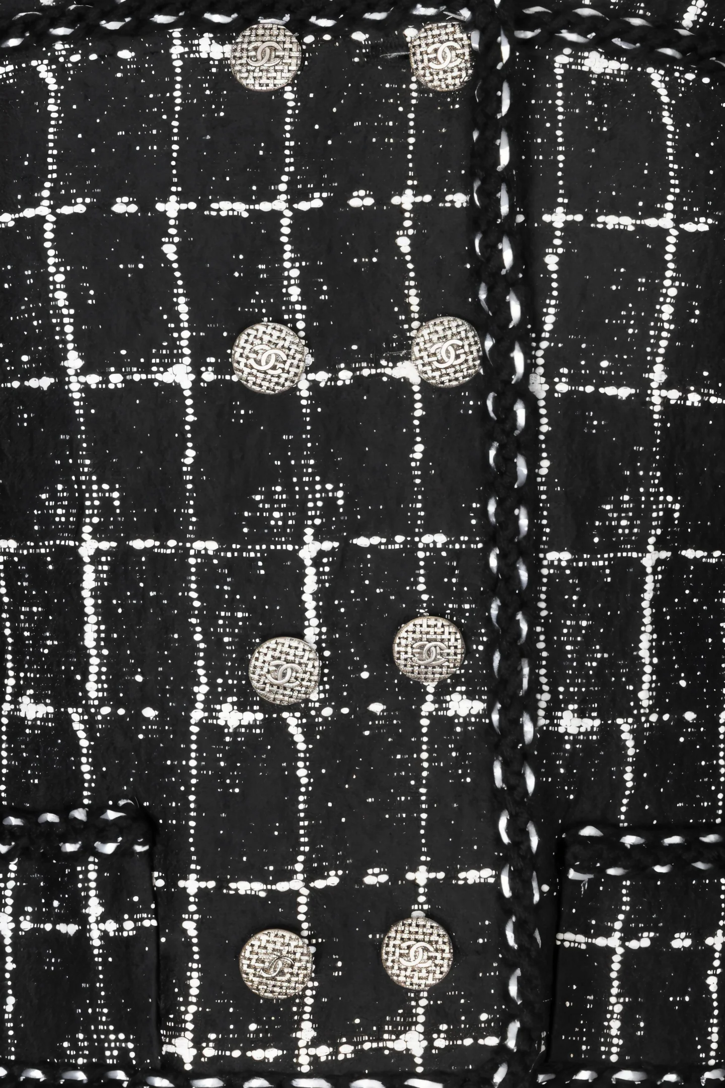 Chanel 14P Black Grid Tweed Braided Trim Double Breasted Jacket FR 36