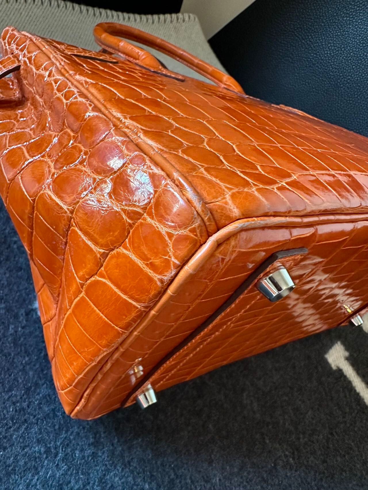 Hermes Birkin 35 Orange Shiny Crocodile Leather Palladium Hardware