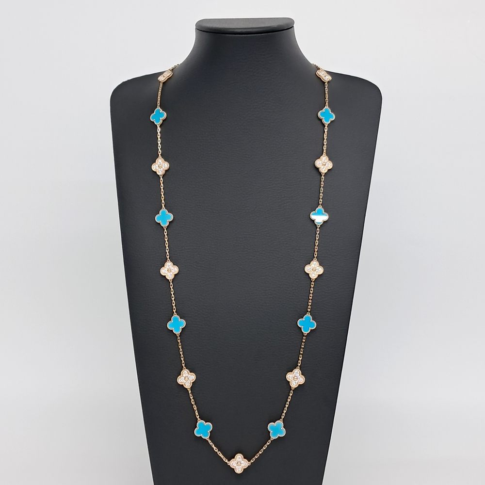 Van Cleef  Arpels 18k Yellow Gold 20 Motif Alhambra Diamond Turquoise Necklace