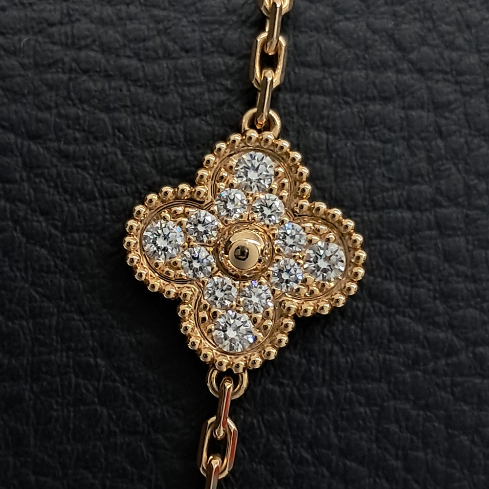 Van Cleef  Arpels 18k Yellow Gold 20 Motif Alhambra Diamond Turquoise Necklace