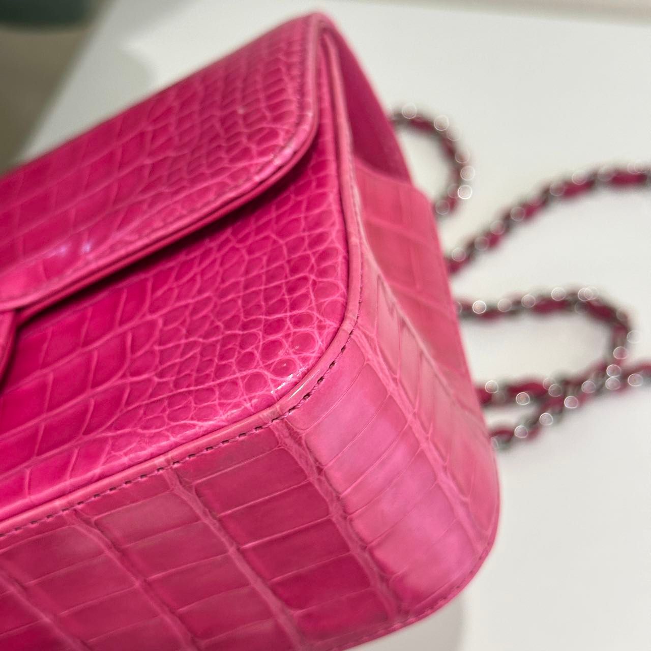 Chanel pink Alligator leather mini flap silver hardware