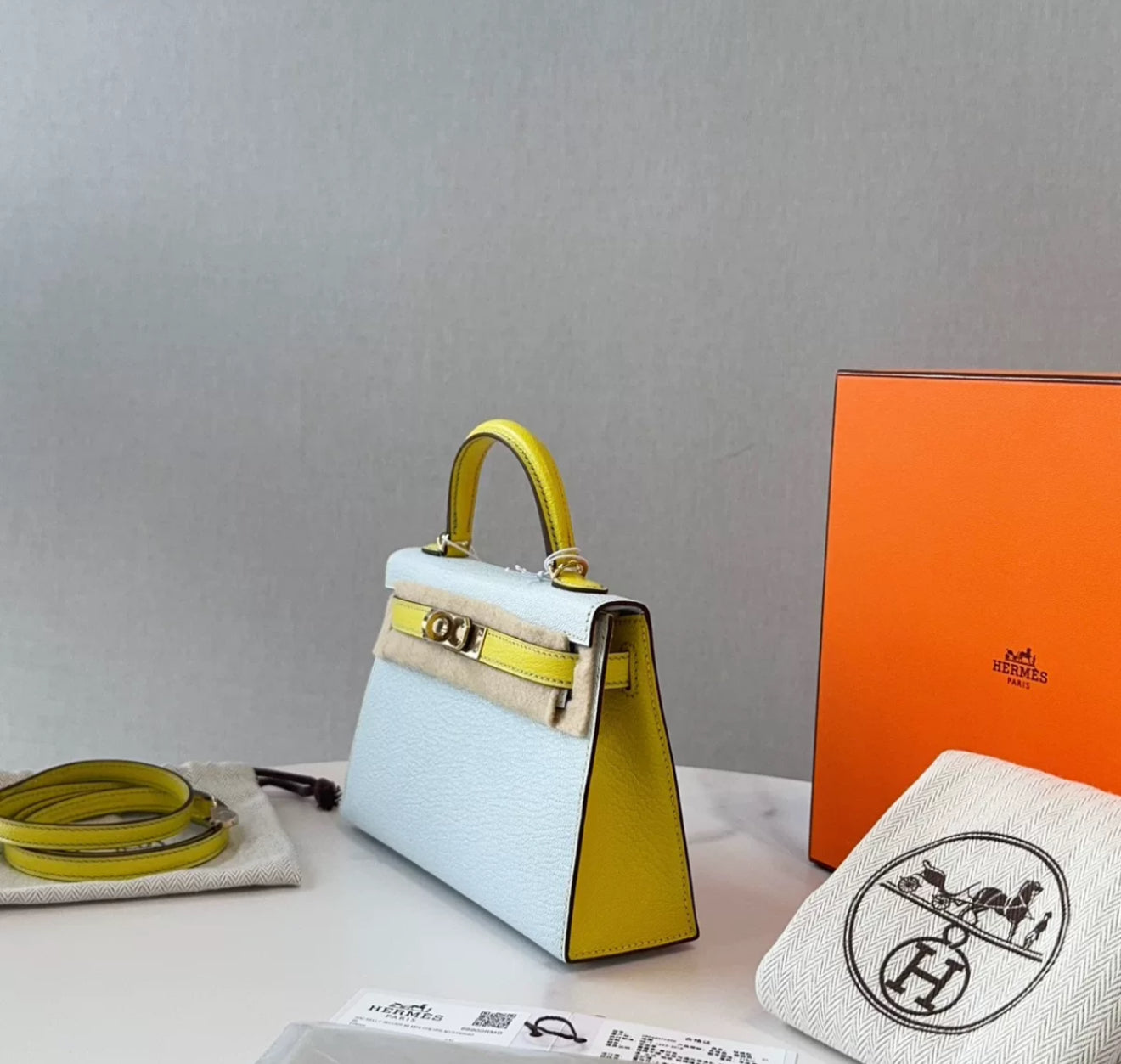 Hermès Mini Kelly Blue  Yellow Goatskin Leather Gold Hardware